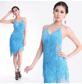 Red hot pink fuchsia yellow turquoise blue black sequins fringes tassels women's female backless performance competition latin dance dresses outfits for ladies